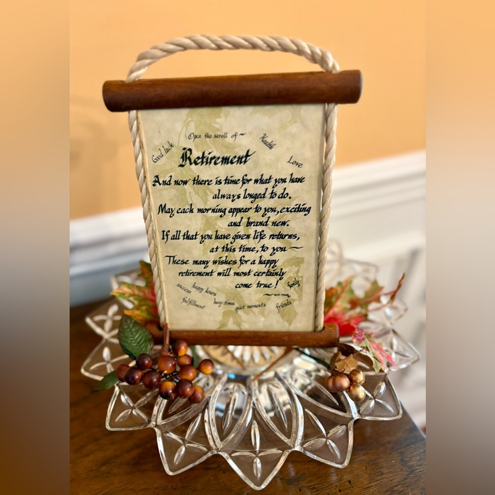 Decorative “Retirement” Plaque with Wooden Accents by Carol Fitchett. GUC